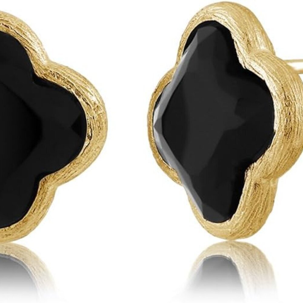 Sterling Silver Gold Plated Flower Clover Stud Earrings Black Onyx 12mm